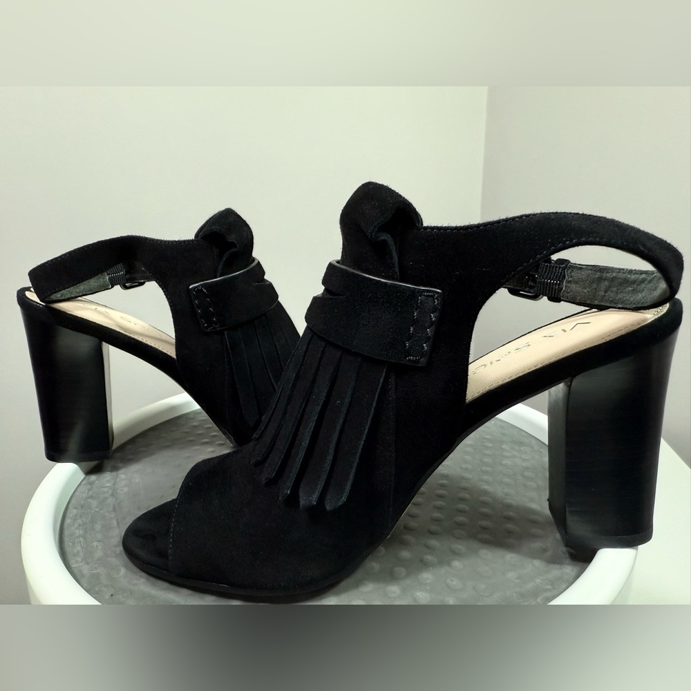 Via Spiga Black Suede Fringe Frey Sling back Mules

NEVER WORN
